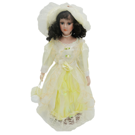 Păpușă din porțelan, de colecție, rochie victoriana, galben, cu suport, 45 cm Papusi de colectie - Păpușă din porțelan, de colecție, rochie victoriana, galben, cu suport, 45 cm