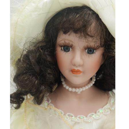 Păpușă din porțelan, de colecție, rochie victoriana, galben, cu suport, 45 cm [2]
