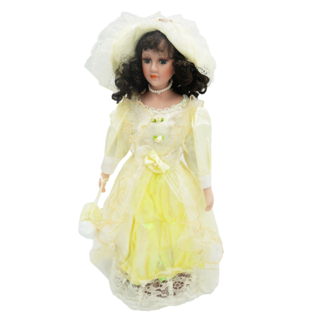 Păpușă din porțelan, de colecție, rochie victoriana, galben, cu suport, 45 cm [4]