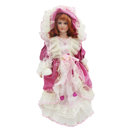 Păpușă din porțelan, de colecție, rochie victoriana, roz, cu suport, 45 cm Papusi de colectie - Păpușă din porțelan, de colecție, rochie victoriana, roz, cu suport, 45 cm