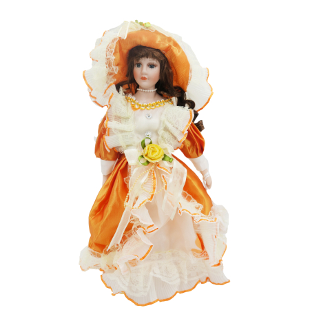 Păpușă din porțelan, de colecție, rochie victoriana, portocaliu, cu suport, 45 cm Papusi de colectie - Păpușă din porțelan, de colecție, rochie victoriana, portocaliu, cu suport, 45 cm