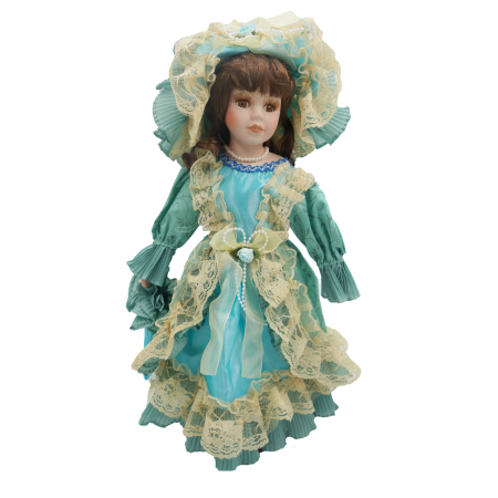 Păpușă din porțelan, de colecție, rochie victoriana, maro, cu suport, 45 cm Papusi de colectie - Păpușă din porțelan, de colecție, rochie victoriana, maro, cu suport, 45 cm