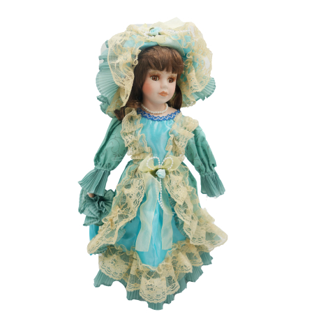 Păpușă din porțelan, de colecție, rochie victoriana, maro, cu suport, 45 cm [1]