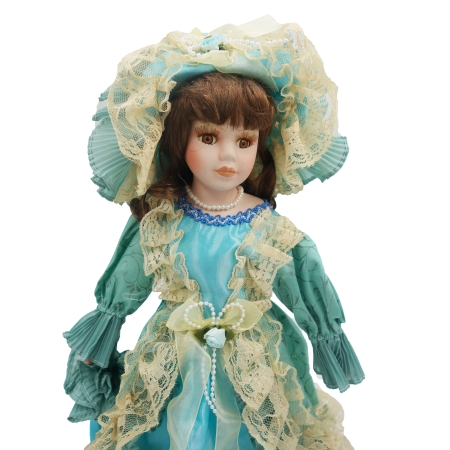 Păpușă din porțelan, de colecție, rochie victoriana, maro, cu suport, 45 cm [2]
