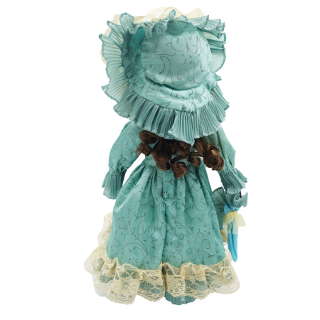 Păpușă din porțelan, de colecție, rochie victoriana, maro, cu suport, 45 cm [3]