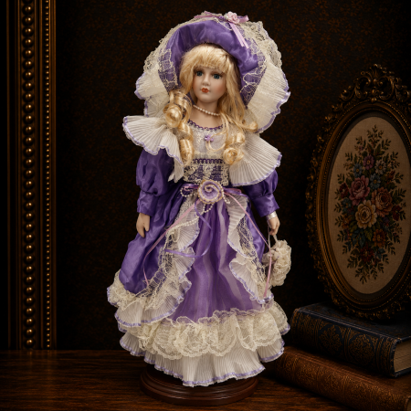 Papusi de colectie - Păpușă din porțelan, de colecție, rochie victoriana, mov, cu suport, 45 cm