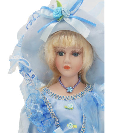 Păpușă din porțelan, de colecție, rochie victoriana, albastru, cu suport, 45 cm [3]