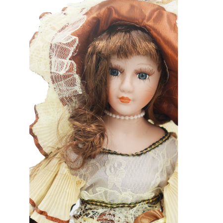Păpușă din porțelan, de colecție, rochie victoriana, maro, cu suport, 45 cm [2]