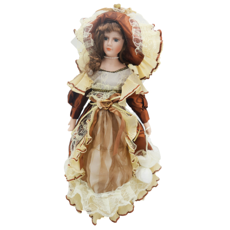Păpușă din porțelan, de colecție, rochie victoriana, maro, cu suport, 45 cm Papusi de colectie - Păpușă din porțelan, de colecție, rochie victoriana, maro, cu suport, 45 cm