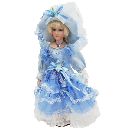 Păpușă din porțelan, de colecție, rochie victoriana, albastru, cu suport, 45 cm Papusi de colectie - Păpușă din porțelan, de colecție, rochie victoriana, albastru, cu suport, 45 cm
