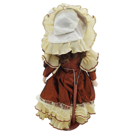 Păpușă din porțelan, de colecție, rochie victoriana, maro, cu suport, 45 cm [3]
