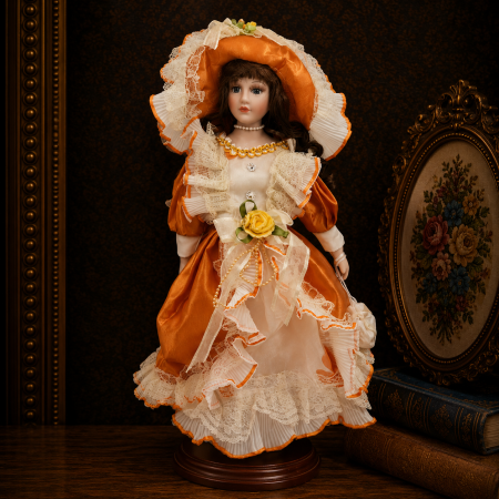 Papusi de colectie - Păpușă din porțelan, de colecție, rochie victoriana, portocaliu, cu suport, 45 cm