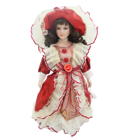 Păpușă din porțelan, de colecție, rochie victoriana, portocaliu, cu suport, 45 cm - Copie Papusi de colectie - Păpușă din porțelan, de colecție, rochie victoriana, portocaliu, cu suport, 45 cm - Copie