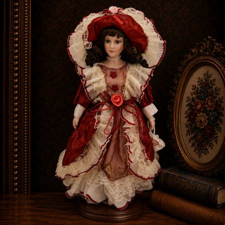 Papusi de colectie - Păpușă din porțelan, de colecție, rochie victoriana, portocaliu, cu suport, 45 cm - Copie