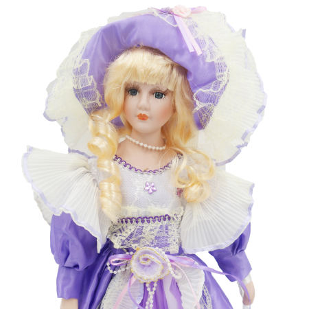Păpușă din porțelan, de colecție, rochie victoriana, mov, cu suport, 45 cm [3]