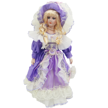 Păpușă din porțelan, de colecție, rochie victoriana, mov, cu suport, 45 cm Papusi de colectie - Păpușă din porțelan, de colecție, rochie victoriana, mov, cu suport, 45 cm