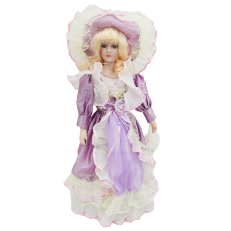 Păpușă din porțelan, de colecție, rochie victoriana, lavanda-regala, cu suport, 45 cm Papusi de colectie - Păpușă din porțelan, de colecție, rochie victoriana, lavanda-regala, cu suport, 45 cm
