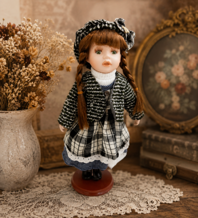 Jucarii - Păpușă Vintage din Porțelan, Carouri Alb-Negru, 34 cm