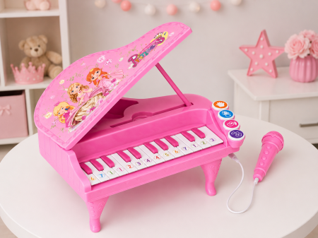 Instrumente muzicale - Pian Electronic Princess pentru Copii cu Microfon, Lumini și Sunete, Roz, 3+ Ani