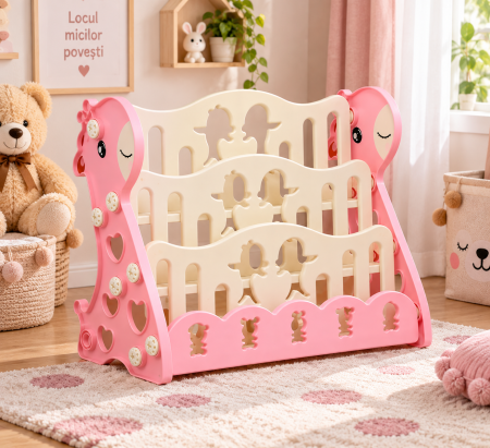 Decoratiuni - Raft pentru Cărți Copii din PVC, Roz și Crem, 3 Niveluri