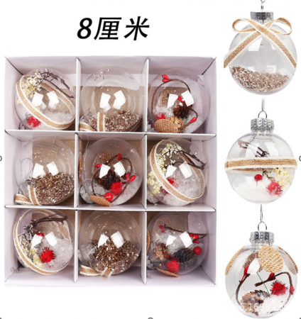 Decoratiuni brad - Set 9 globuri transparente accesorizate in interior cu modele diferite, 8 cm