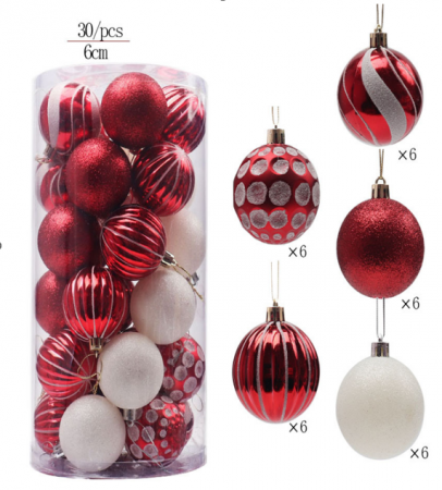 Decoratiuni brad - Set 30 globuri colorate, albe si rosii, 6 cm