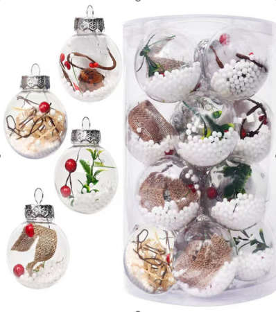 Decoratiuni brad - Set 16 globuri transparente, cu accesorii, 6 cm