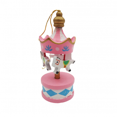 Decoratiuni brad - Set 6 globuri din lemn, in forma de carusel cu caluti, 9 cm