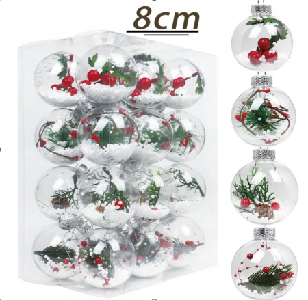 Decoratiuni brad - Set 24 globuri transparente accesorizate in interior cu modele diferite, 8 cm