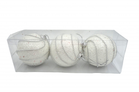 Decoratiuni brad - Set de 3 globuri albe, lucioase, cu mergele, 9 cm