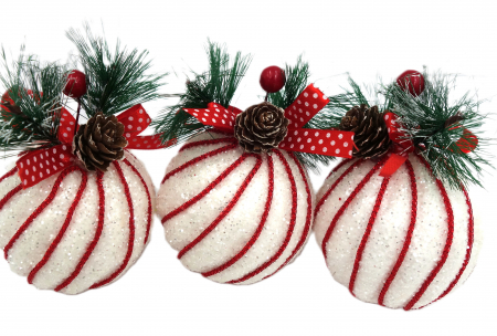 Set de 3 globuri albe, strălucitoare, cu decoratiune, roșu, 10 cm [3]