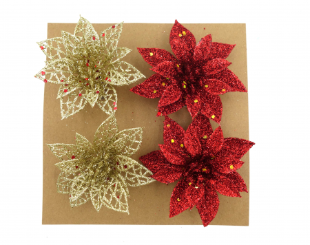 Decoratiuni brad - Set de 4 flori decorative pentru brad, aurii și roșii, 6 cm