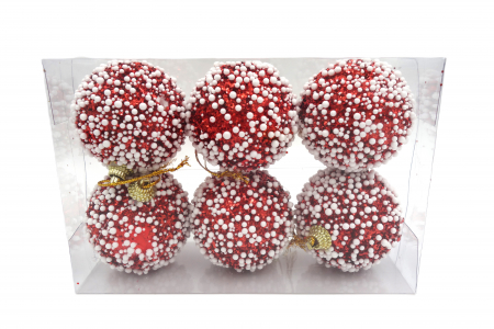 Decoratiuni brad - Set de 6 globuri roșii strălucitoare, decorate cu biluțe albe, 5 cm