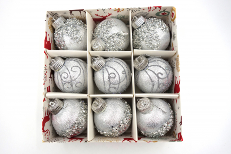 Decoratiuni brad - Set de 9 globuri argintii, 10 cm