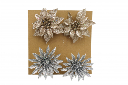 Decoratiuni brad - Set de decorațiuni de brad, 4 flori, aurii și argintii, 6 cm