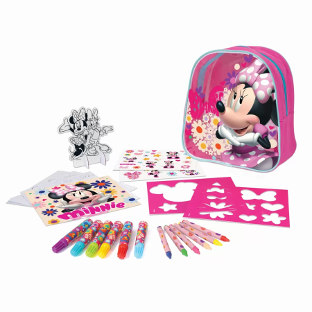 Jucarii educative - Set de desen Minnie în rucsac, 10 pagini preimprimate și 10 pagini goale, accesorii creative