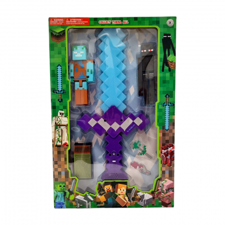 Jucarii de rol - Set figurine Minecraft, sabie cu lumini și sunete, 6 piese, 41x27x5 cm
