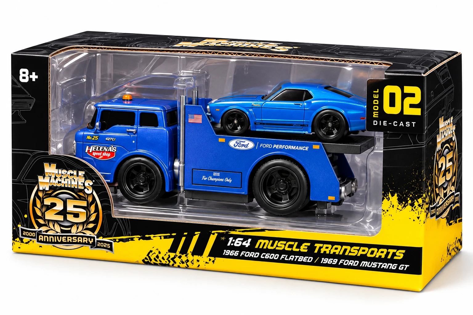 Masinute - Set Muscle Transports, camion Ford C600 Flatbed și Ford Mustang GT 1969, metal, scara 1:64, 8 ani+