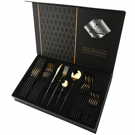 Bucatarie - Set Tacâmuri 24 Piese – Inox Premium, Culoare Negru-Auriu