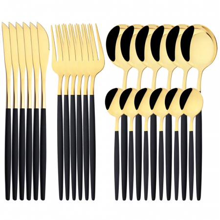 Set Tacâmuri 24 Piese – Inox Premium, Culoare Negru-Auriu [1]