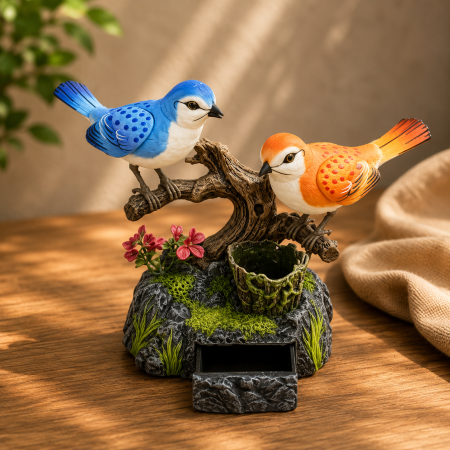 Decoratiuni - Suport de pixuri, model pasari, albastru/portocaliu, 15 cm