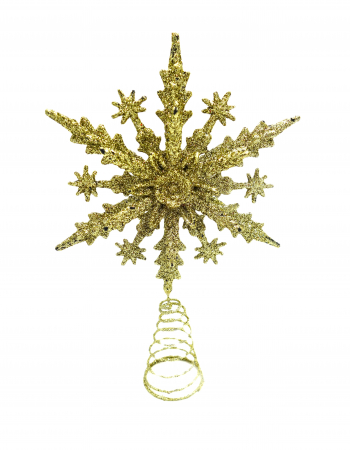 Decoratiuni brad - Vârf de brad auriu, în formă de fulg de nea, cu decorațiuni, 20 cm