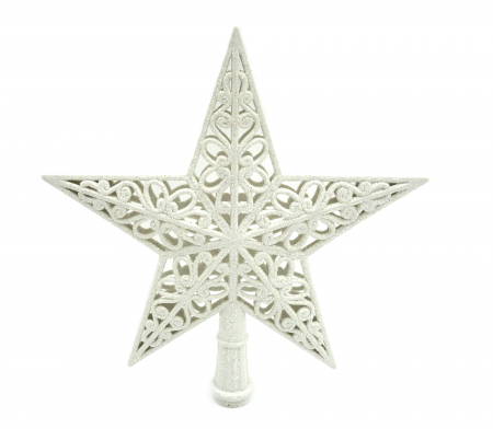 Decoratiuni brad - Vârf de brad în formă de stea, 20 cm, alb, cu ornamente