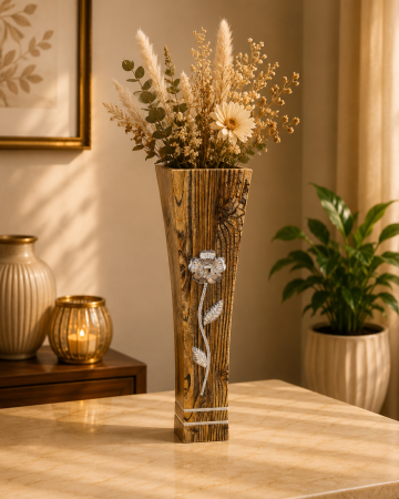 Decoratiuni - Vază decorativă cu floare aplicată,  MDF, 58 cm, lemn