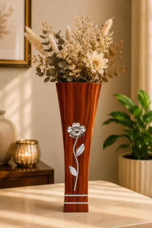 Decoratiuni - Vază decorativă cu floare argintie, MDF, 58 cm, culoare nuc