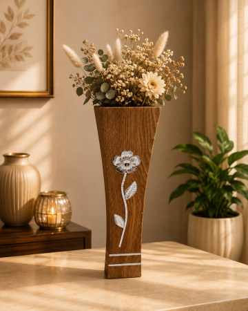 Decoratiuni - Vază decorativă cu floare argintie, MDF, 58 cm, mahon