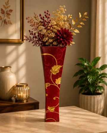 Decoratiuni - Vază decorativă cu model auriu, MDF, 58 cm, roșu