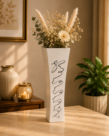 Decoratiuni - Vază decorativă cu model ornamental, MDF, 58 cm, alb