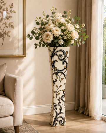 Decoratiuni - Vază decorativă cu motive negre, MDF, 58 cm, crem