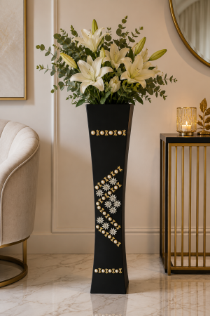Decoratiuni - Vază decorativă cu pietricele, din MDF, 58 cm, negru